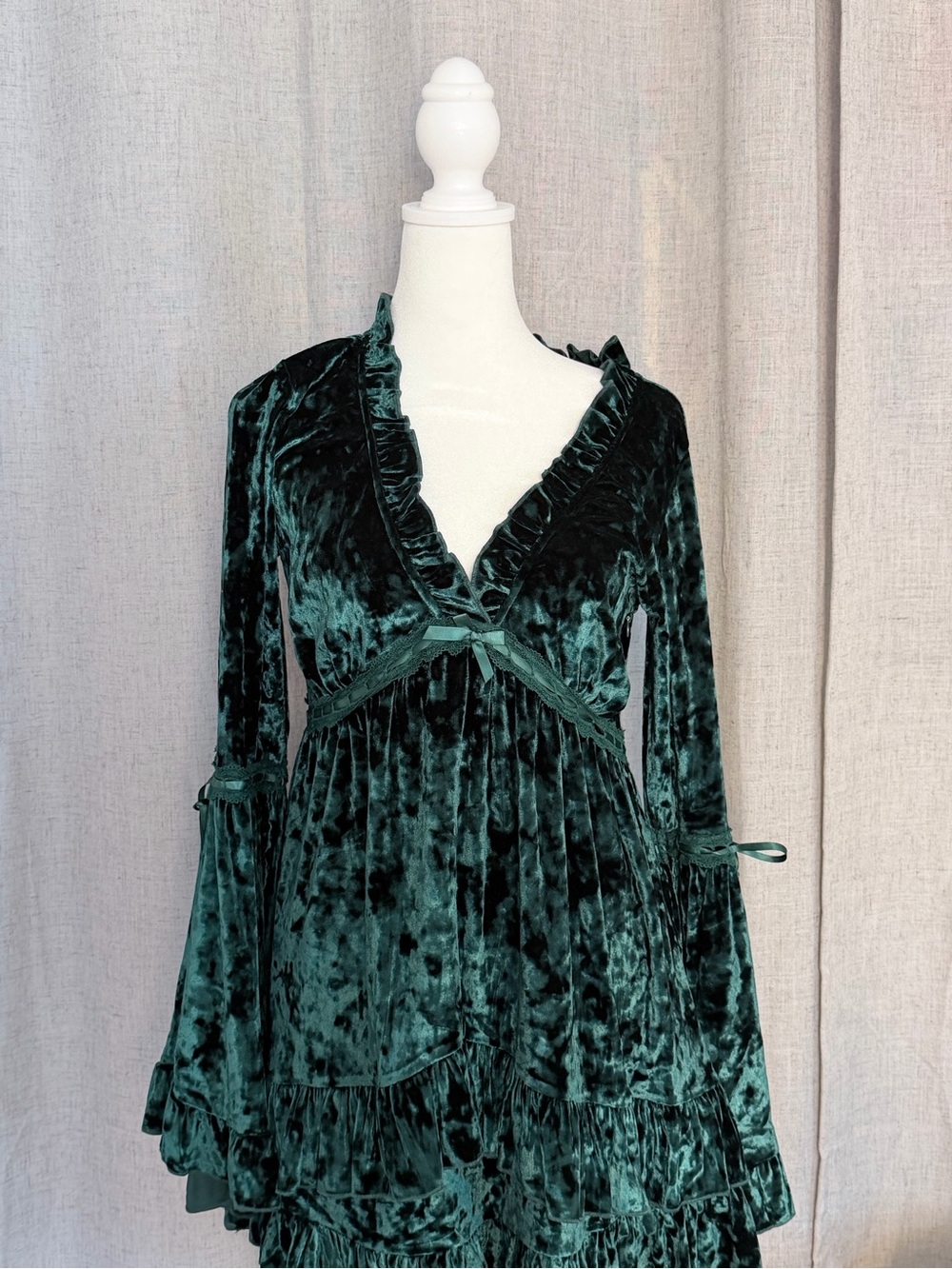 Wildfox Deep Forest Green Velvet Ruffle V-Neck Maxi Dress
